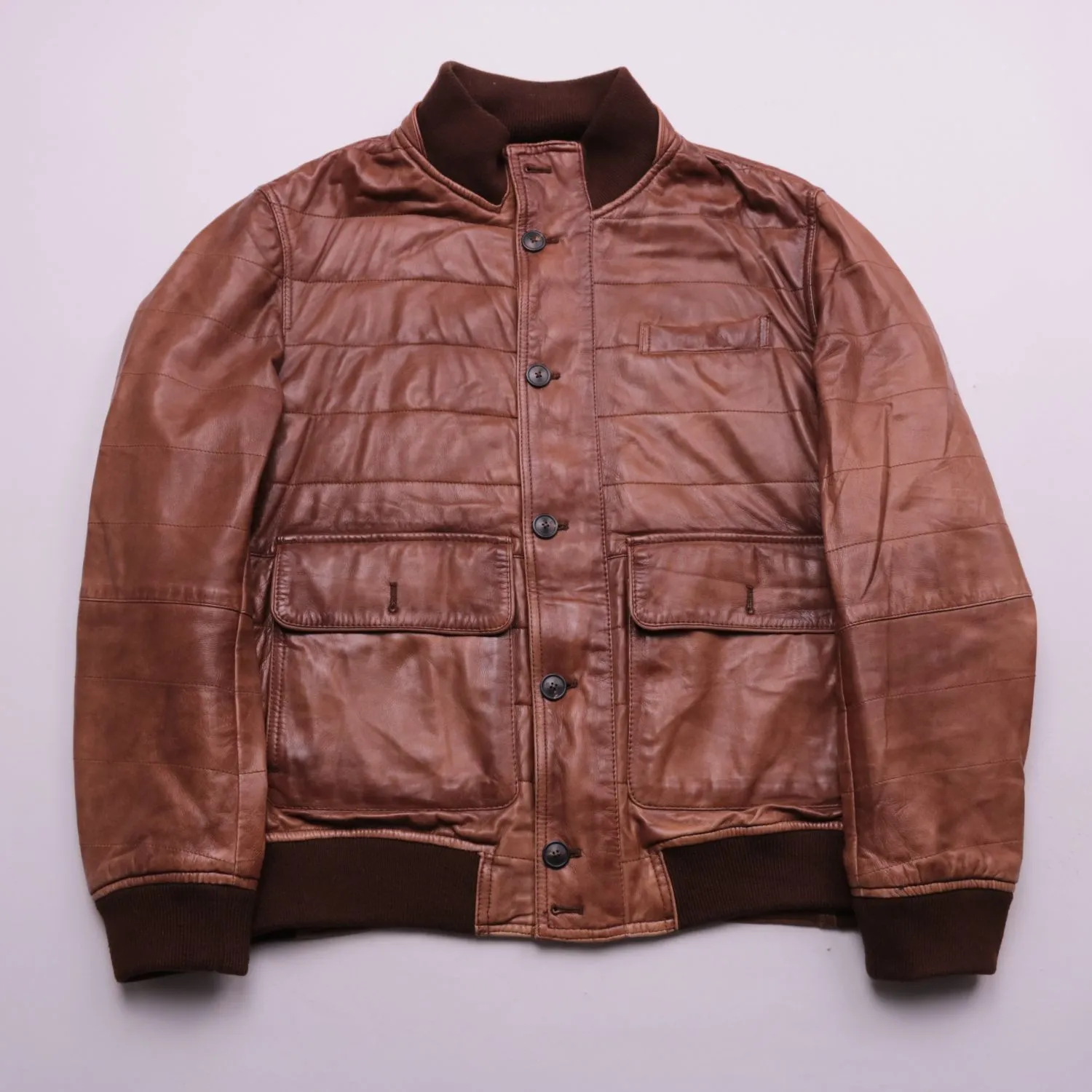 Коричневая кожаная куртка Massimo Dutti на пуговицах, размер 54 (XL)